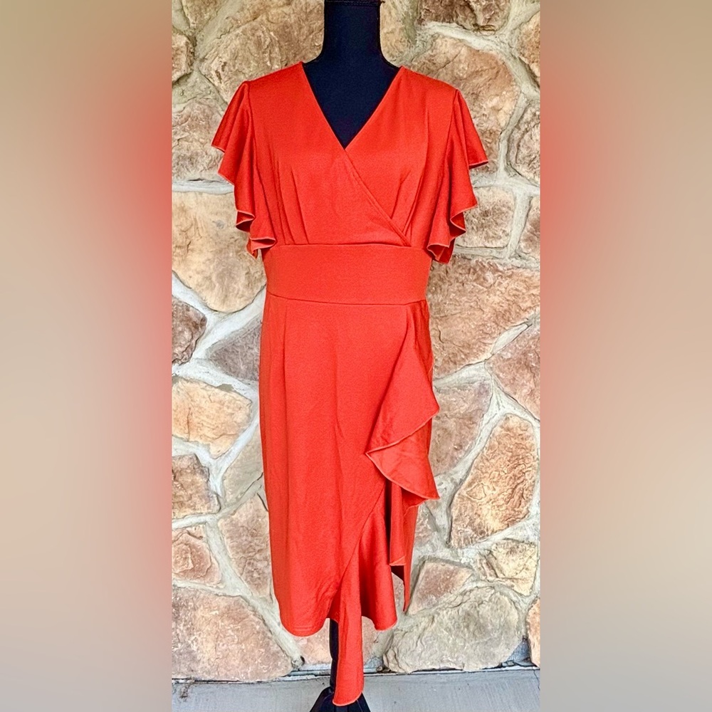Knitee Women's Deep-V Neck Ruffle Sleeves Cocktail Party Pencil Slit Formal XL